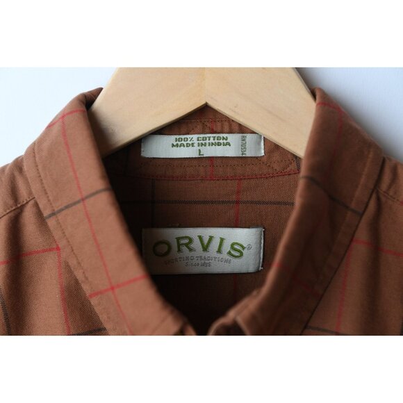 Vintage Orvis Button Up Shirt Mens L Rust Plaid Pocket Business Casual - Picture 4 of 8